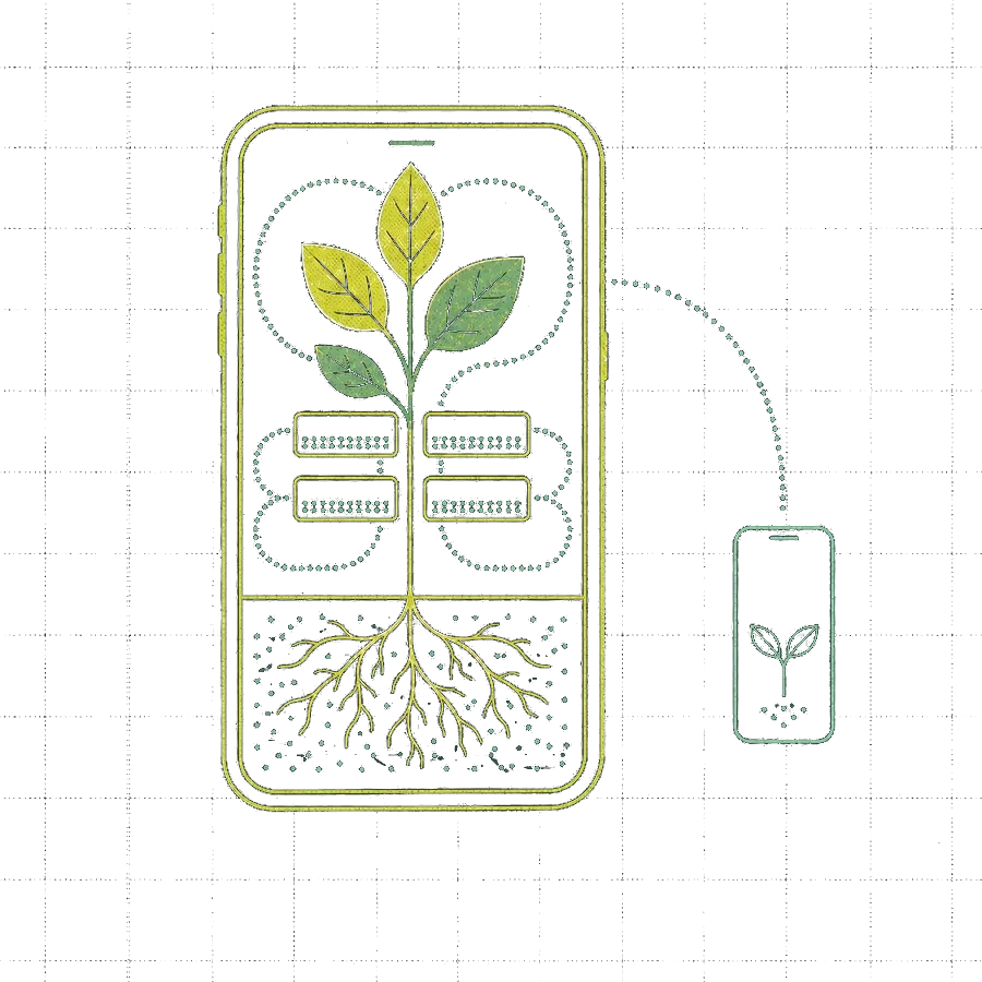 A phone containing a growing plant. Its roots run below the soil line inside the device; a dotted line arcs to a second, smaller phone.
